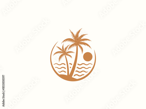 Palm tree and sunset, beach logo design vector template