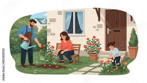 A family of three gardening together in their front yard on a sunny day