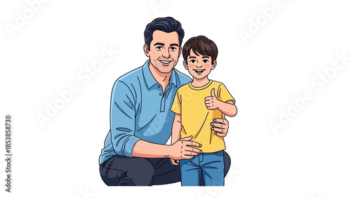 A cartoon illustration of a smiling man and a happy boy