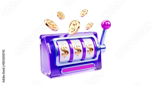 Purple slot machine with spinning reels and falling gold coins demonstrates a gambling concept isolated on a transparent background.