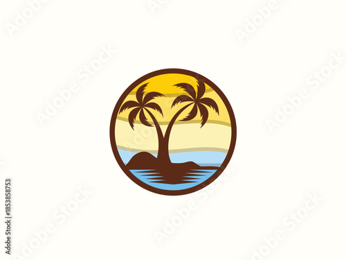 Palm tree and sunset, beach logo design vector template