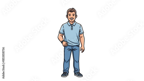 A cartoon illustration of a smiling man in casual clothing standing alone