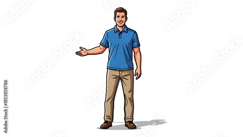 A cartoon man in a blue shirt and khaki pants gesturing with his hand