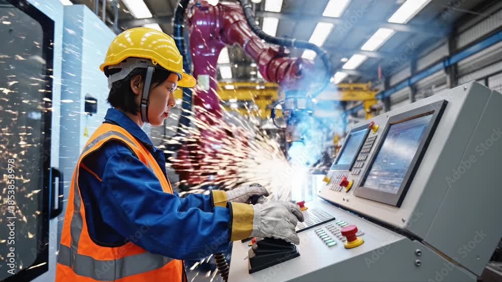 Robotics Operator Female factory operator safety helmet and vest operates control panel ...
