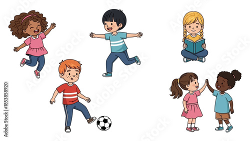 A group of diverse children playing and learning together happily