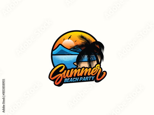 Palm tree and sunset, beach logo design vector template