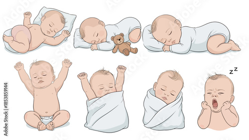An illustration of a baby in various sleeping and awake positions