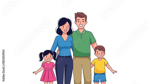 A happy family of four standing together with smiles on their faces