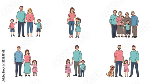 A diverse group of cartoon families standing together in various poses