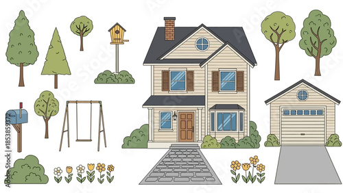 A cartoon illustration of a house with a garage and various outdoor elements