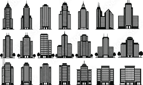 Modern city skyline building silhouettes collection featuring skyscrapers urban architecture downtown office towers isolated black vector illustration set icons design