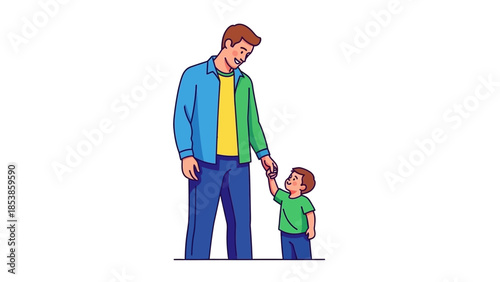A cartoon illustration of a man and a little boy holding hands