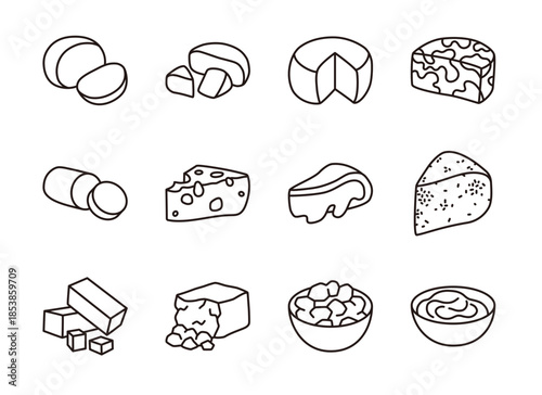 Editable line icons of 12 different types of cheese.