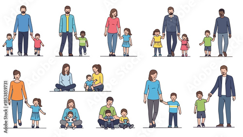 A diverse group of cartoon families and parents with their children