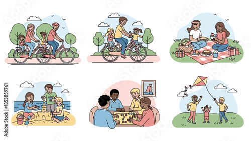 A colorful illustration of a family enjoying quality time together outdoors and indoors