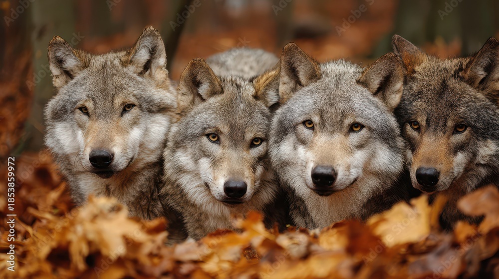 Fototapeta premium A Close-Up of a European Wolf Pack Amongst Leaves, Emphasizing Alpha Dynamics and Friendship