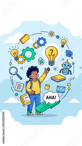 Young boy surrounded by symbols of learning and innovation.