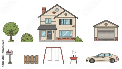 A suburban home with a garage, swing set, and barbecue grill