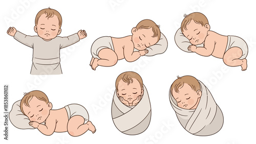 An illustration of a baby in various sleeping positions and states