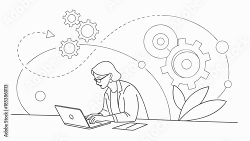 Businesswoman working on laptop with gears and cogs in background