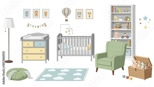 A nursery room with a crib, changing table, and comfortable green chair