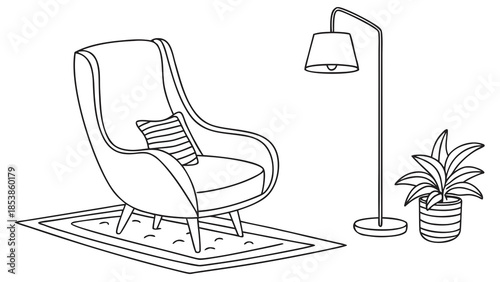 Cozy modern living room with chair, floor lamp, and houseplant