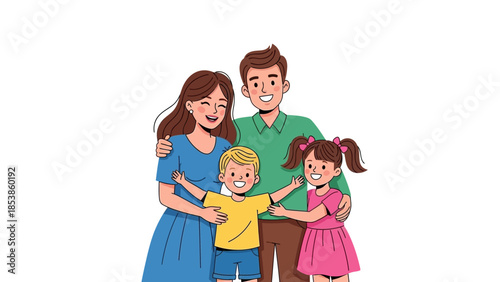 A happy family of four standing together with arms around each other