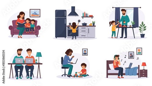 A diverse group of people working and playing together at home