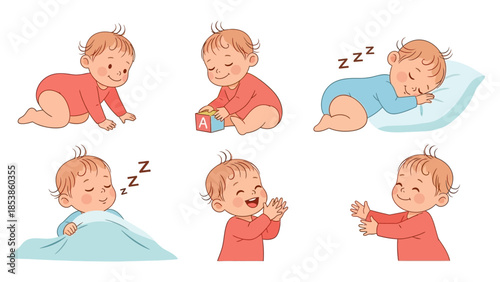A cartoon illustration of a baby in various playful and sleeping positions