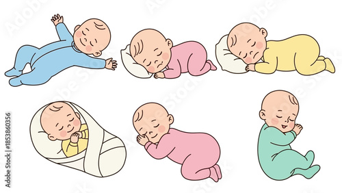 An illustration of babies sleeping in various positions and colors