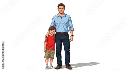 A cartoon illustration of a man and a young boy standing together