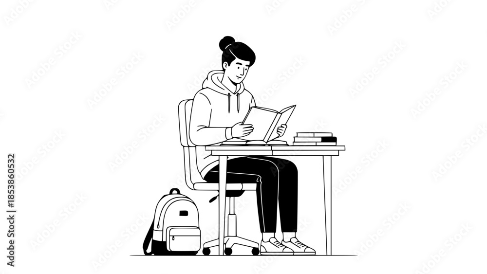 Fototapeta premium Modern flat vector of college student studying with notebook and backpack, university life concept, clean and professional illustration