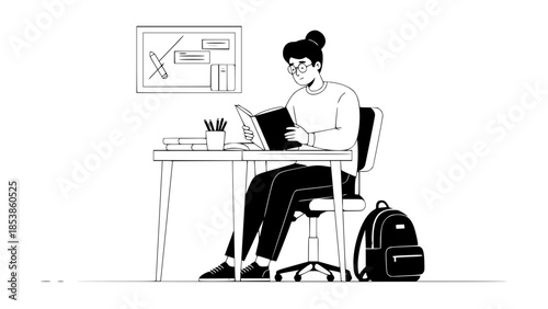 Modern flat vector of college student studying with notebook and backpack, university life concept, clean and professional illustration