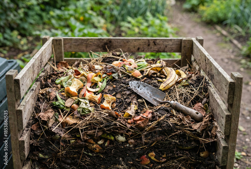 Wallpaper Mural Garden compost bin full of food scraps and leaves, organic recycling and zero waste backyard gardening concept. Torontodigital.ca