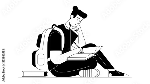 Modern flat vector of college student studying with notebook and backpack, university life concept, clean and professional illustration