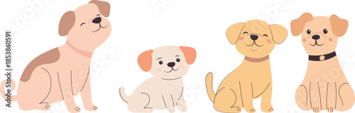 Cute funny puppies in doodle style, set, vector