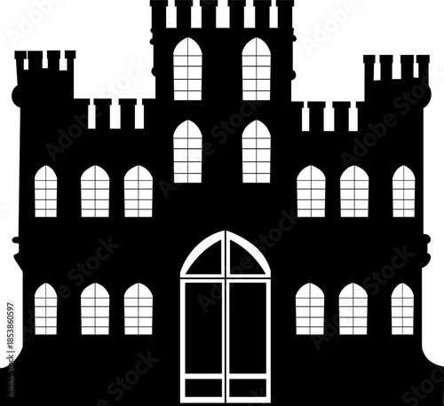 Fortress silhouette, palace castle with windows, vector