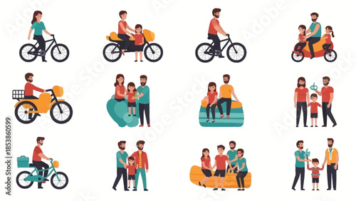 A colorful illustration of people riding bicycles and spending time with family