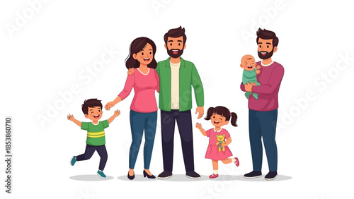 A happy family with two adults and three children standing together