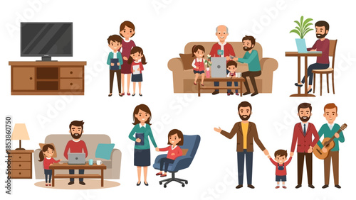 A diverse group of people engaging in various family activities together