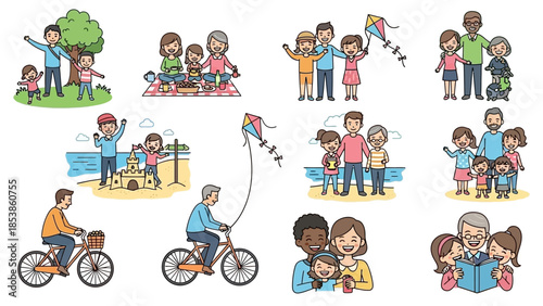 A colorful illustration of happy families and children playing together outdoors