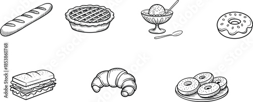 Bakery and dessert line art icons, bread pastry sweets collection, hand drawn food illustration set, black white outline design
