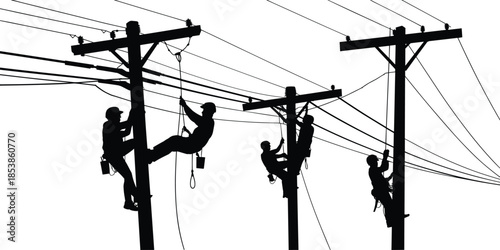 Electric line workers silhouette on utility poles, power maintenance teamwork, high voltage infrastructure repair, safety at height industrial illustration