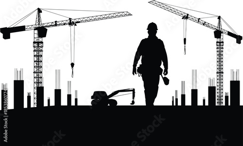 Construction worker silhouette at building site, tower cranes and concrete columns, urban development concept, industrial safety, black white illustration