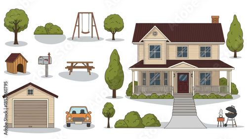 A suburban home with a garage and various outdoor amenities