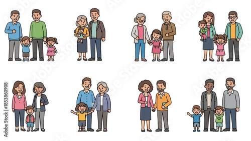 A diverse group of cartoon families standing together in various poses