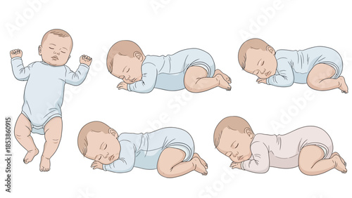 An illustration of a baby in various sleeping positions and one awake position