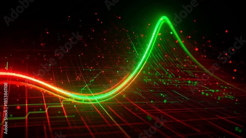 Abstract digital trend line: A dynamic representation of market analysis, showcasing upward trends and fluctuating data on a futuristic grid. Capturing technological innovation