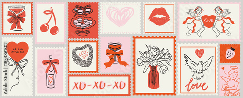 Valentines day hand drawn post stamps in doodle sketch style. Wedding invitation postal elements for poster, placard or postcard prints. Love vector illustrations for mail, letters and scrapbook.