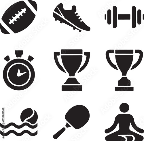 Black icons of various sports and fitness related objects and activities
